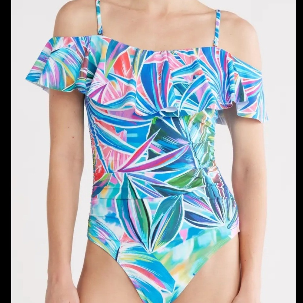 La Blanca Palm Tropical Floral Ruffle Off Shoulder One Piece Swim suit Plus 18W